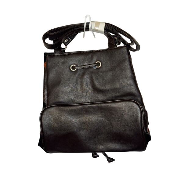 Avon Vintage Patchwork Drawstring Bucket Bag Brown Faux Leather Alligator Emboss - Picture 2 of 5